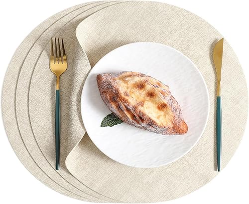 Juego de 4 manteles individuales redondos, reversibles, de piel sintética, impermeables y resistentes al calor, beige, a prueba de aceite, lavables,