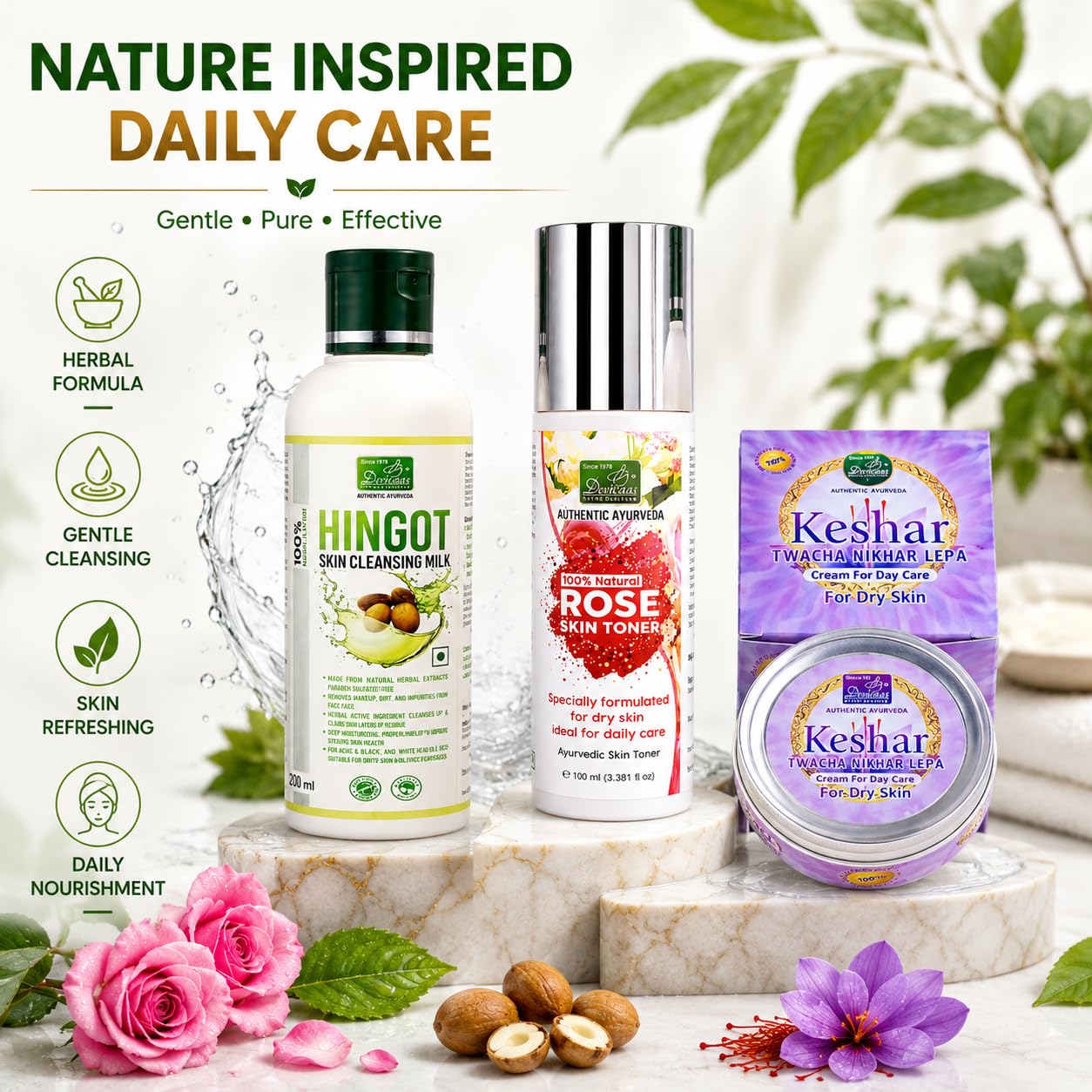 Devicaas Ayurvedic Normal to Dry Skin Care Combo | Rose Skin Toner 100ml + Hingot Skin Cleansing Milk 120ml + Keshar Twacha Nikhar Lepa 50g | Hydrating Brightening Daily Skincare Kit for Men & Women 3