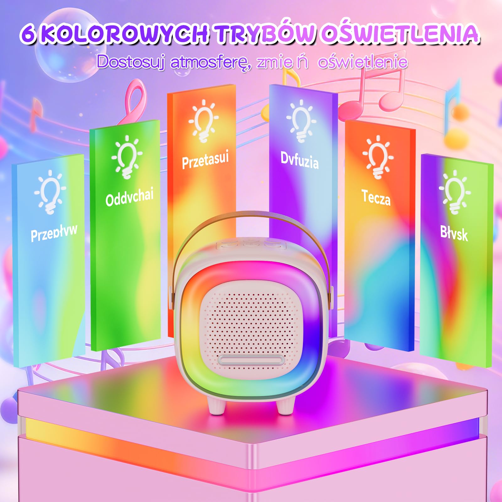 Mini Karaoke dla Dzieci i Dorosłych, 7 Trybów Efektów Dźwiękowych 6 Trybów Podświetlenia, Przenośny Głośnik Bluetooth z 2 Mikrofonami Bezprzewodowymi, Prezenty Świąteczne i Urodzinowe