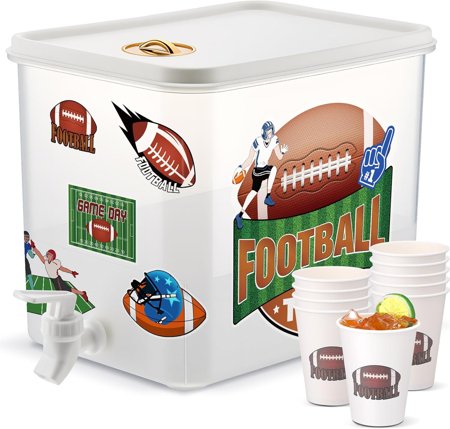 2 Gallon Beverage Dispenser with Spigot 12 Pcs Disposable Cups Sticker Plastic Drink Dispensers for Parties Water Dispenser Drink Container Sticker for Beverage (Rugby)