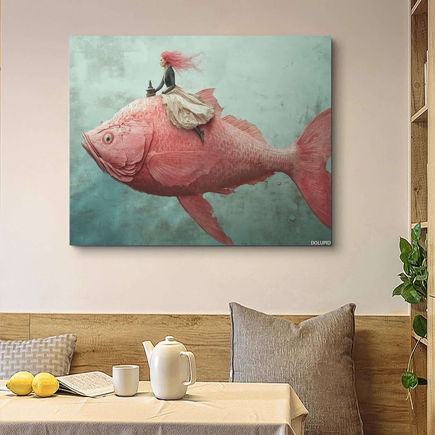 1pcs Framed Sea Fish and Woman Wall Art Decor Farmhouse Ocean Animal Pictures Canvas Prints Vintage Nautical Poster for Living Room Bedroom Home Decor Wrapped Canvas 8x10inch 20x25cm image 2