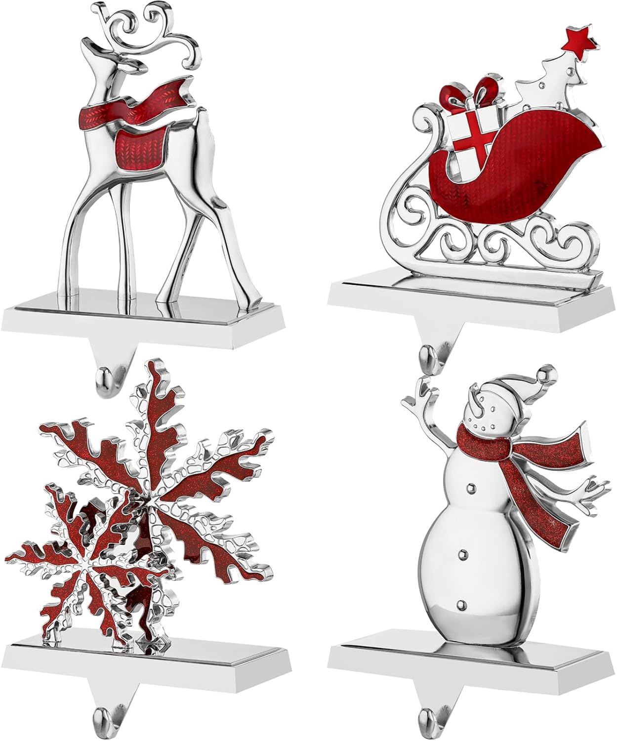 Set of 4 Christmas Stocking Holder for Mantel - Deer Sleigh Snowman Snowflake Christmas Stocking Holders for Fireplace- Stocking Hanger for Mantel Stocking Hooks for Christmas Decoration (Silver)