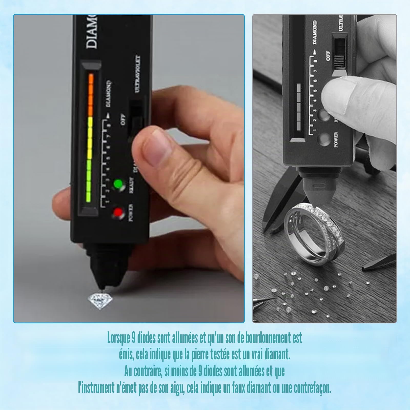 Stylo de test de diamant électronique portable avec lumière UV, outil de test de dureté professionnel pour les vrais diamants, pierres de bijouterie, débutants et experts