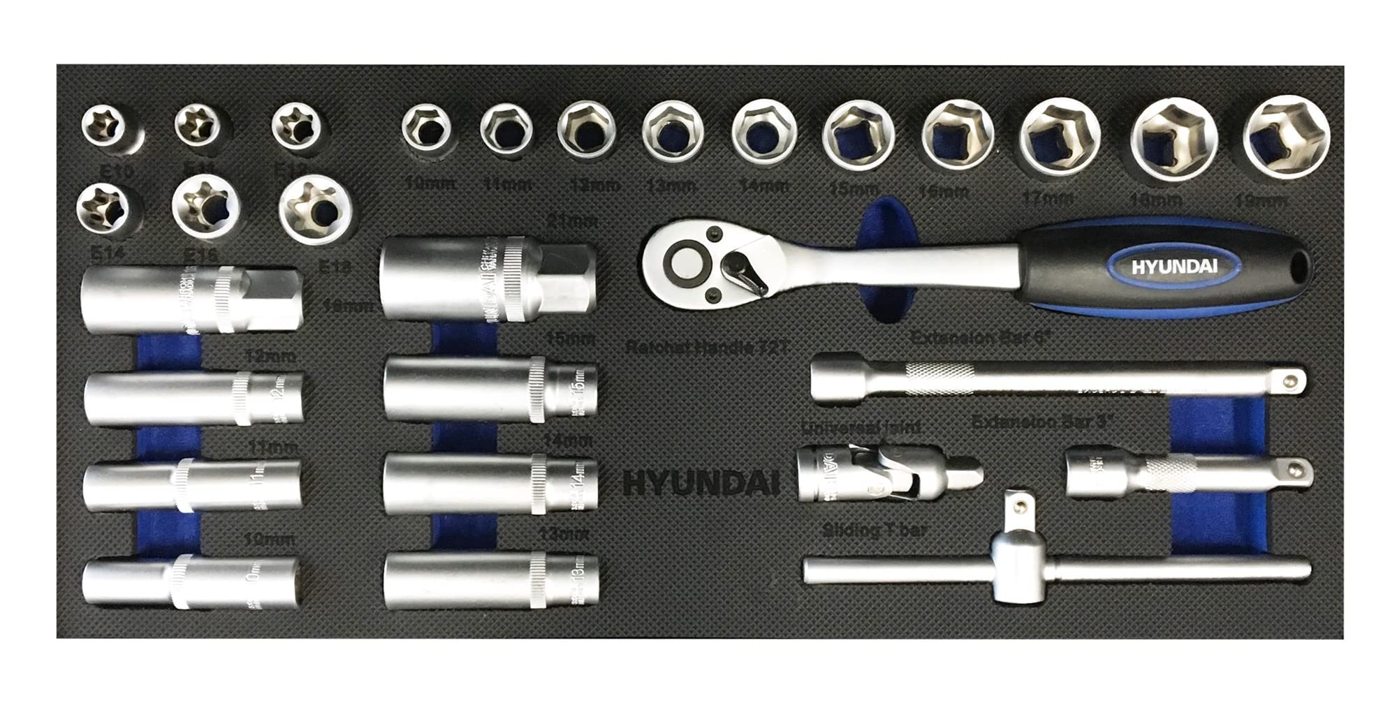 HYUNDAI 3/8" Steckschlüsselset 59652, 29-tlg. 72 Zahn Knarren, CrV-Stahl, Werkzeugkoffer, Werkzeugset, Knarrenkasten