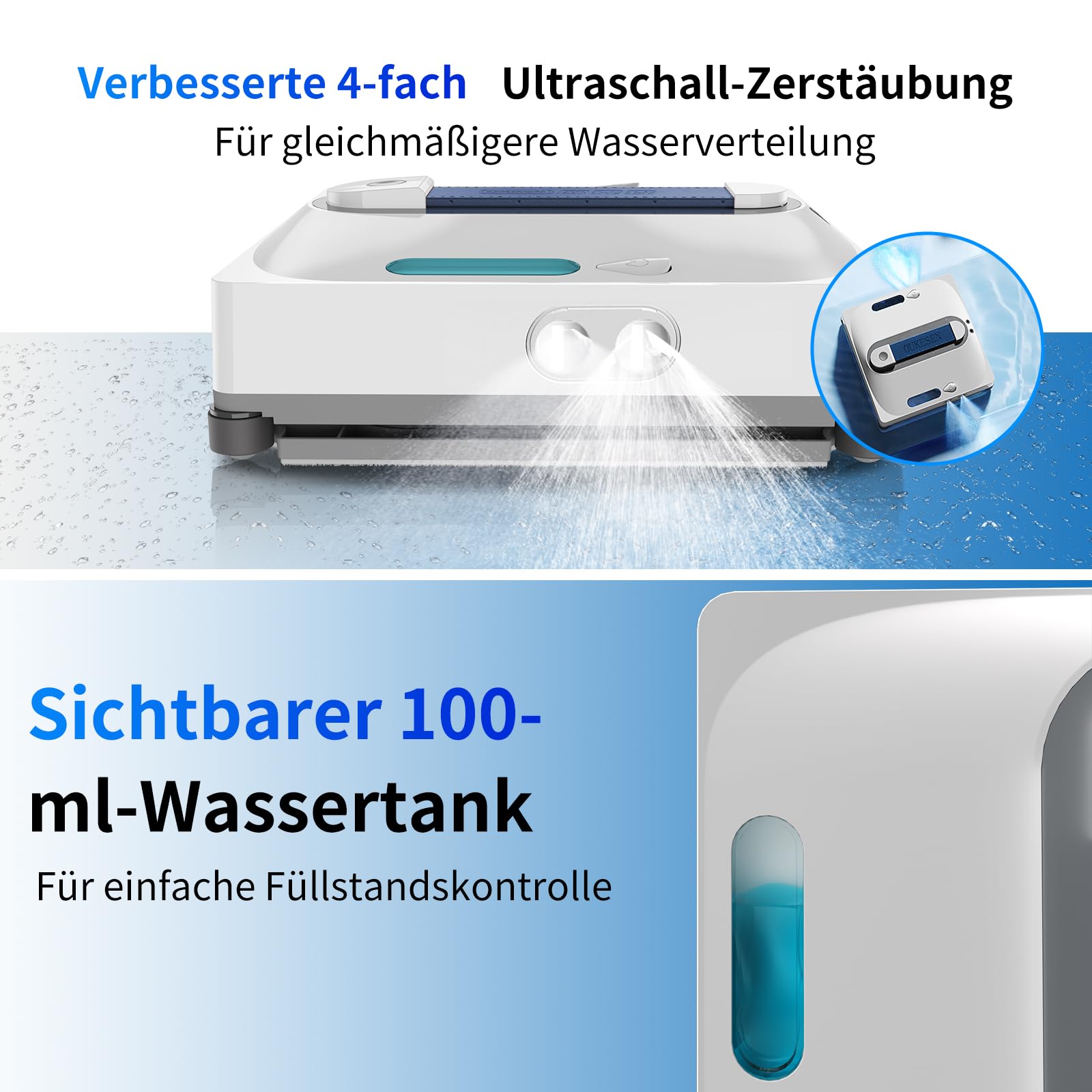 Fensterputzroboter,9000Pa Saugkraft&75N Reinigungskraft,mit 4 Wasser-Sprühdüsen,unterstützt 5 Reinigungsmodi&Fernbedienung, Fensterroboter Nassreinigung von gerahmten & rahmenlosen Fenstern