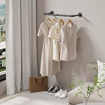 64cm Wall Mounted Clothes Rail, Garment Rack, Black, 1 Pack | Multi-Purpose Clothing Hanging Rod,Industrial Style Heavy Duty Wardrobe Pole,for Home Bedroom for Coats,Scarves