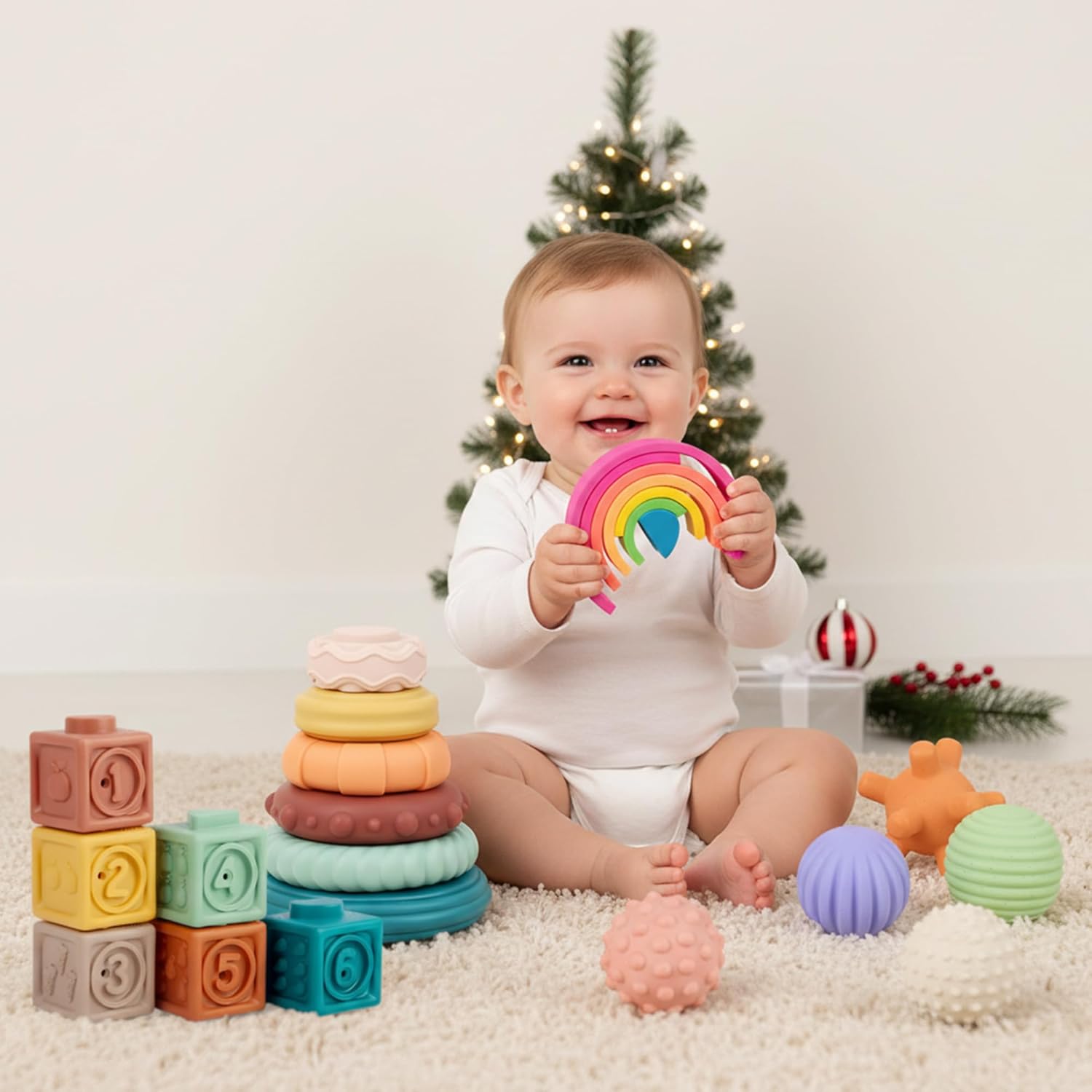 Silicone Stacking Toys - Rainbow Stacker, Montessori Nesting Blocks, Soft Sensory Stacking Toys (7CPS) + 3 in 1 Baby Toys 6–12 Months - Stacking Blocks, Sensory Balls, Soft Teething Rings, 18PCS.