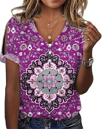 HOTYD Boho Tops for Women Cold Shoulder, Short Sleeve, Button V Neck, Floral Blouses, Dressy Casual, Large, Ethnic Purple