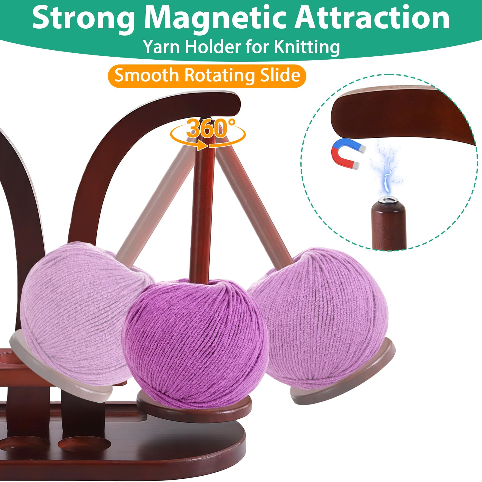 Porta Gomitolo Uncinetto in Legno, Doppia Asta Svolgitore di Lana Magnetico Rotante a 360°, Organizer per Accessori con Porta Cellulare, Idea Regalo per Appassionati di Maglia