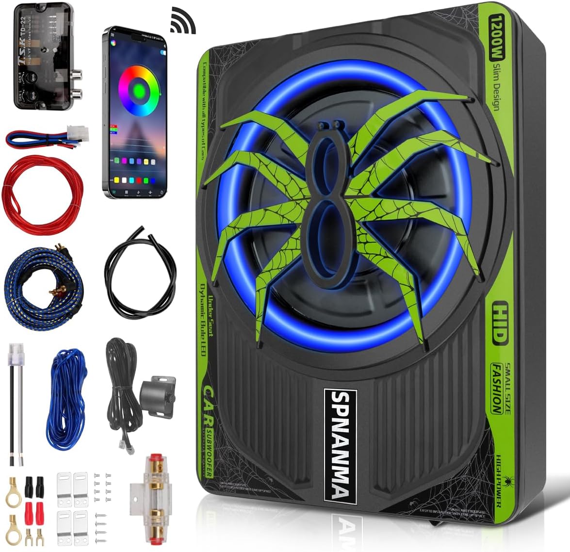 2025 1200W 10"Slim Car Underseat Subwoofer and Amp Package with Ambient Light, Individual Control for Low Pass/Gain/Boost Bass, High output surround vibration bass without distortion for Truck