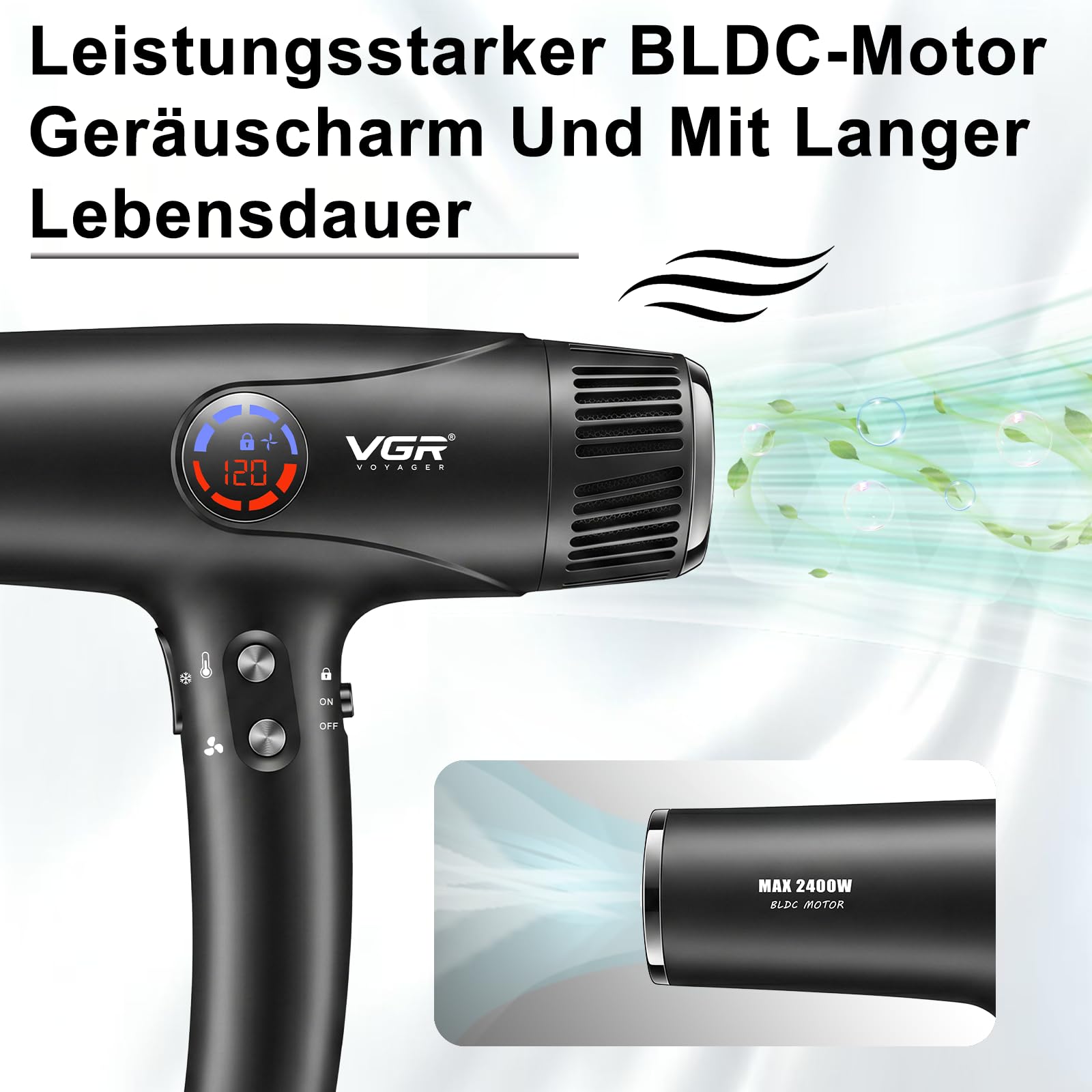 VGR 469 Haartrockner Professioneller Mit 2400W BLDC Motor | Föhn Mit Diffusor Für Schnellkühltaste, Hair Ddryer Mit 4 Temperatur, LED Display, Haarföhn Mit Sperrfunktion