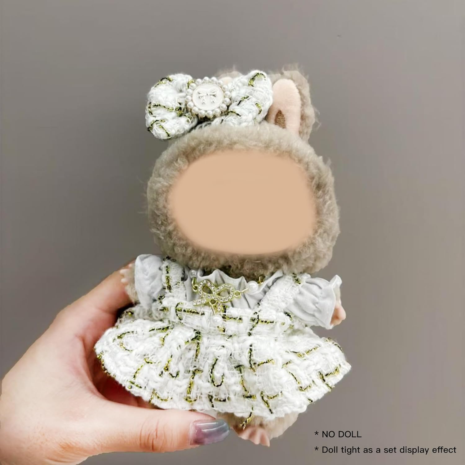 Clothes for labubu Doll(NO Doll),5-Piece Set,Outfits for labubu,17 cm Dolls Clothes and Accessories,Includes Dress,Clothes,Hair Bow,Necklace, Bag(Golden)
