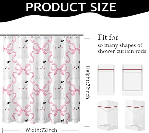 Miniatura 3 de Cortina de ducha de Halloween para baño, bonita cortina de ducha con lazo rosa, calavera y fantasma, para niños, decoración de baño de Halloween,