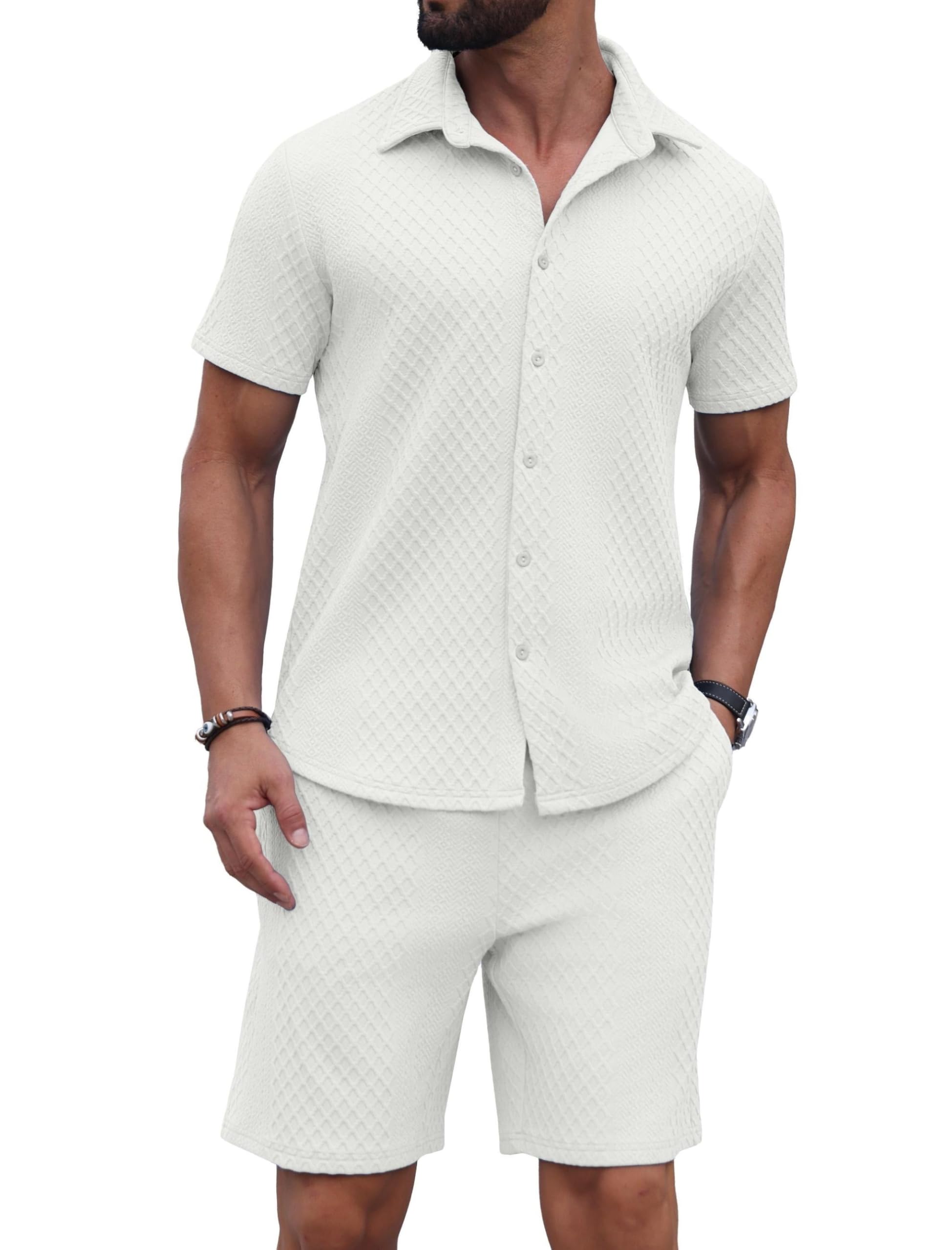 QIXING Conjunto deportivo de 2 piezas para hombre, conjunto de camisa y pantalones cortos de punto texturizado con botones y pantalones cortos, conjuntos casuales para vacaciones en la playa
