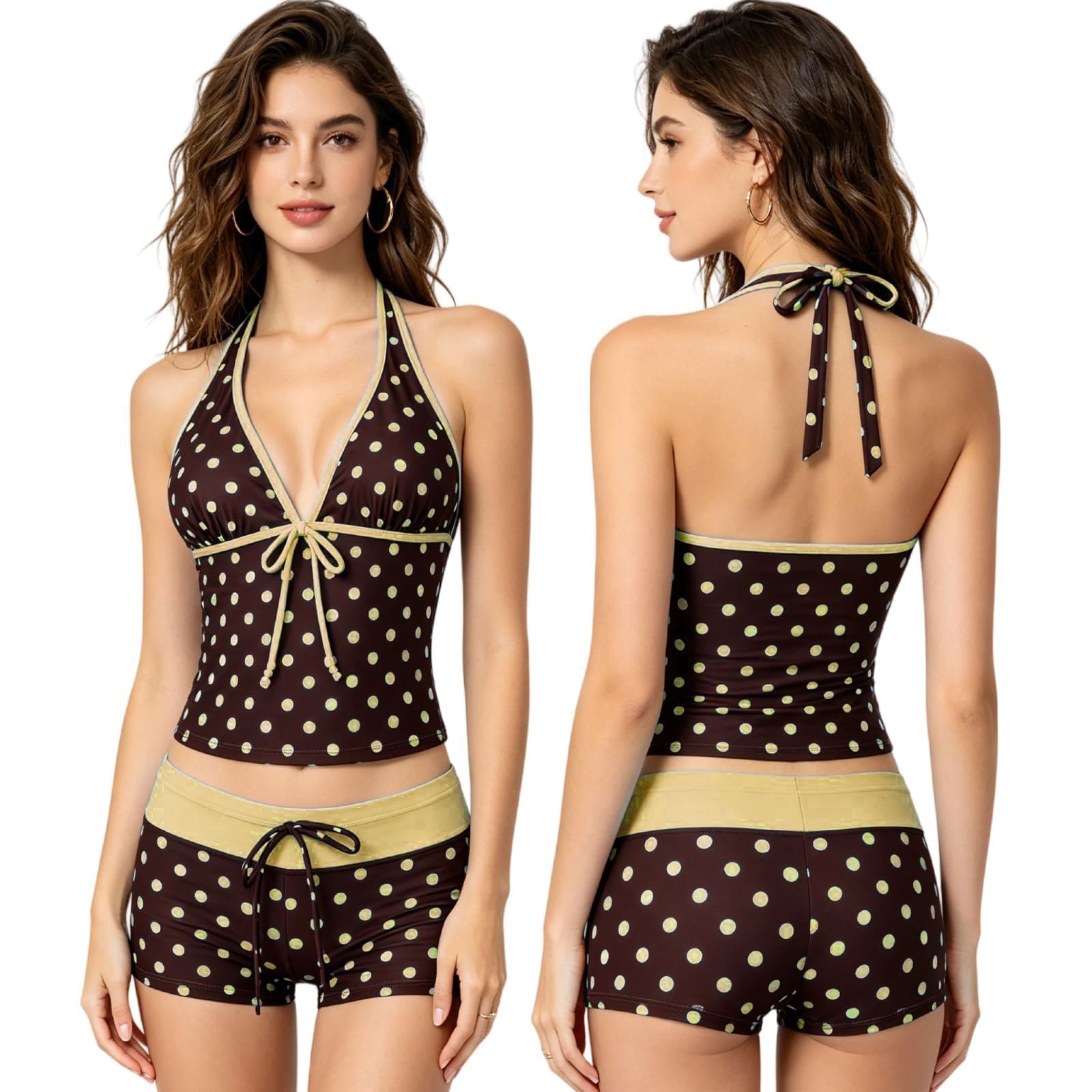 Bañadores Tankini para Mujer Bañador de Dos Piezas con Cuello en V Y2K Tankini Dos Piezas Lunares Cuello Halter Modesto Playa Vacaciones Adecuado para Vacaciones de Playa Verano