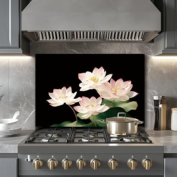 Tempered Glass Backsplash for Kitchen, Backsplash Protector | Stove Protector for Wall, 1 Piece Backsplash,GlassBacksplash for Stove, Black Lotus flower Backsplash 30x18