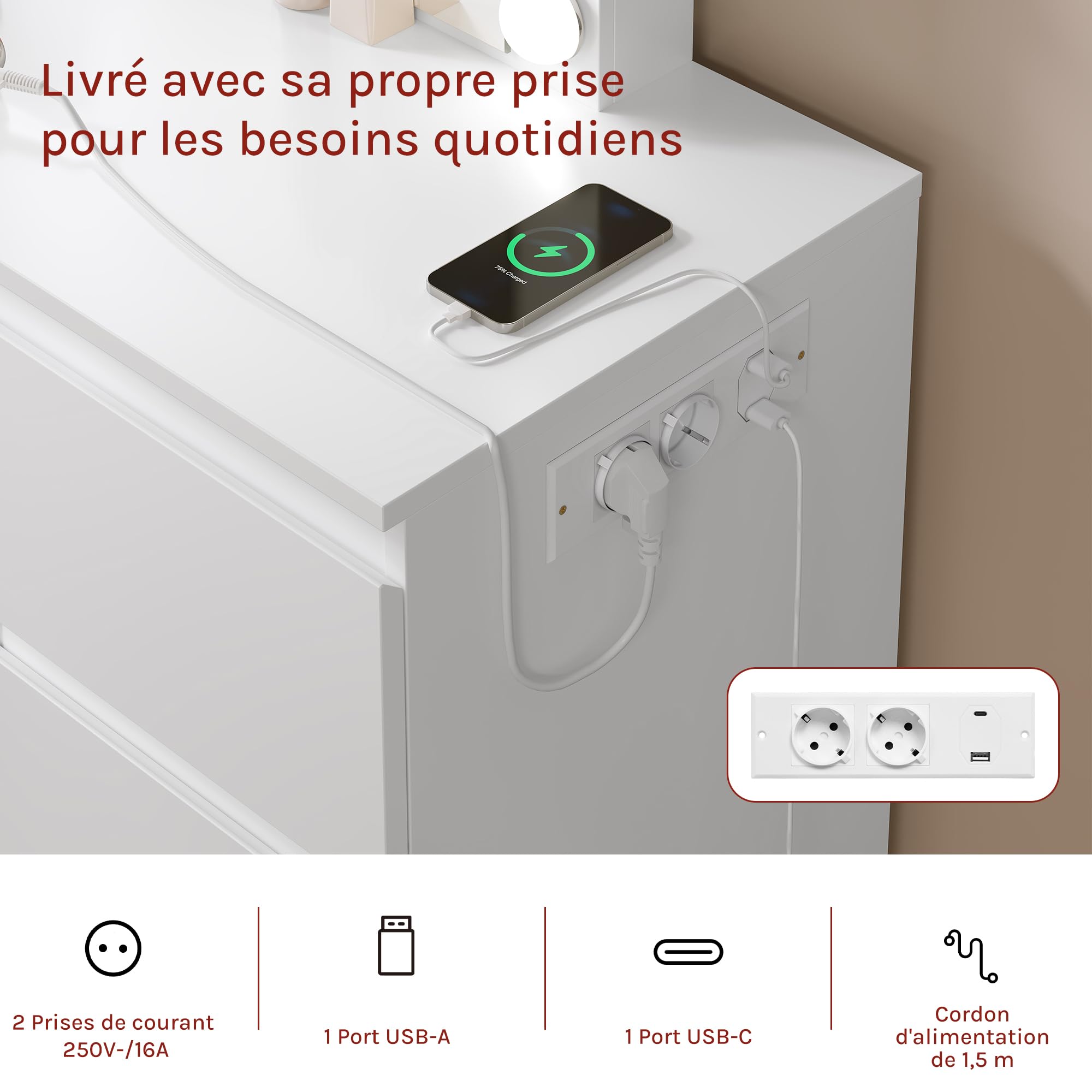 WOLTU Coiffeuse avec Miroir LED, Luminosité Réglable, Table de Maquillage avec Multiprise, 7 Tiroirs, 110x39,5x140,5 cm, Commode Chambre Blanc, MB6124ws
