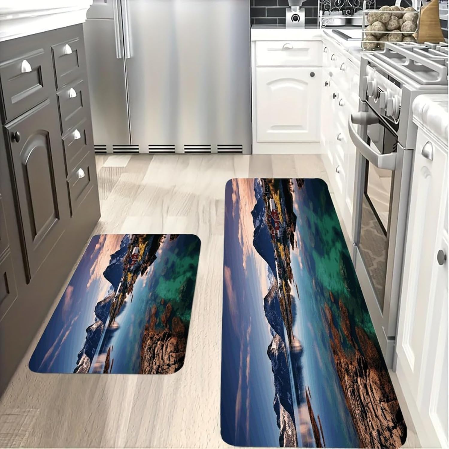 Norway Islands Kitchen Mat Washable Non Slip Rugs Soft Kitchen Mats for Floor Set of 2 PCS Cushioned Absorbent Runner Standing Rugs for Home Sink Laundry Office