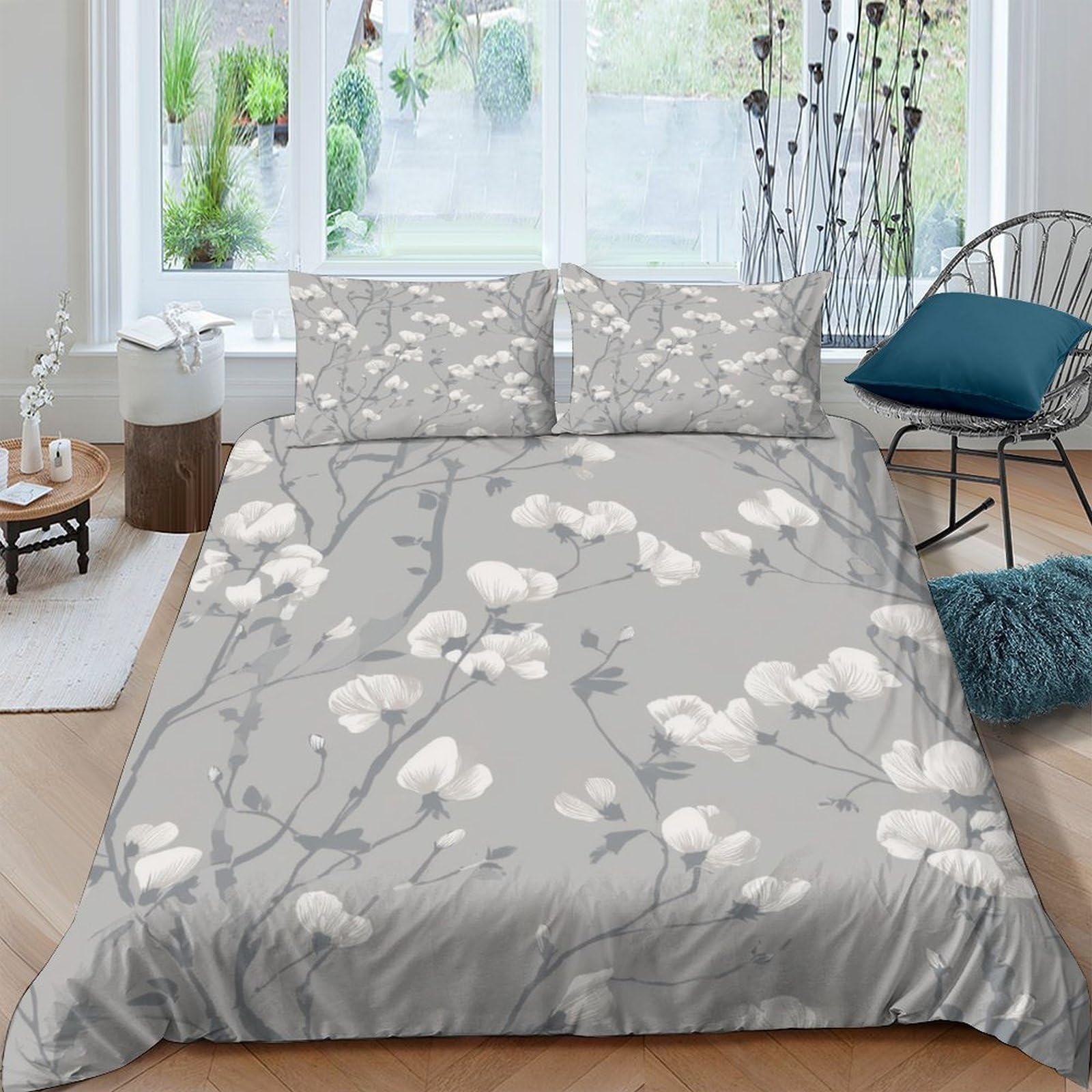 Ctjqhvkz Style-8 3D Printed Blossom Branch Fitted Sheet Microfiber Soft Grey Floral Mattress Cover For Bedroom Guest Room Decor Single（135X200cm）