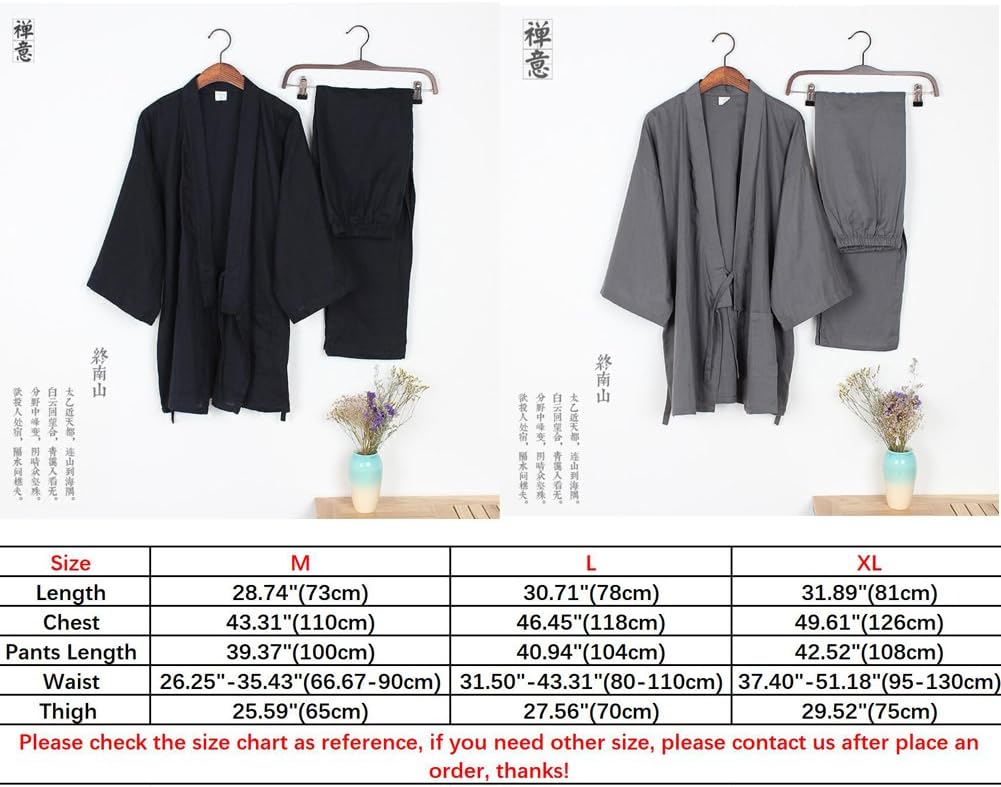 Men's Japanese Style Robes Thin Kimono Pajamas Suit Meditation Set-Navy-Size XL