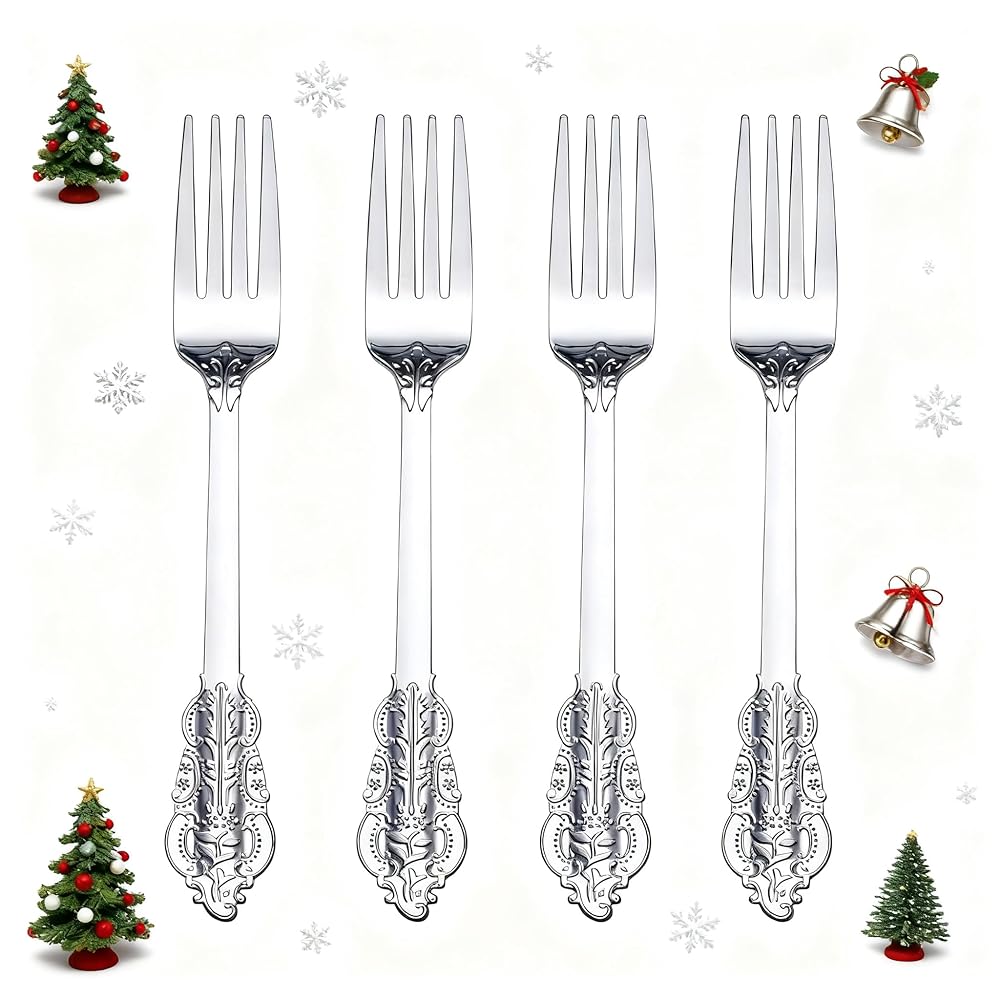 WDF 100 Piece Silver Forks Disposable - 7.48 Inch Silver Plastic Forks - Baroque Silverware for Dessert Cake - Heavy Duty Plastic Fork for Christmas Party, Wedding or Daily Using