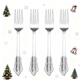 WDF 100 Piece Silver Forks Disposable - 7.48 Inch Silver Plastic Forks - Baroque Silverware for Dessert Cake - Heavy Duty Plastic Fork for Christmas Party, Wedding or Daily Using