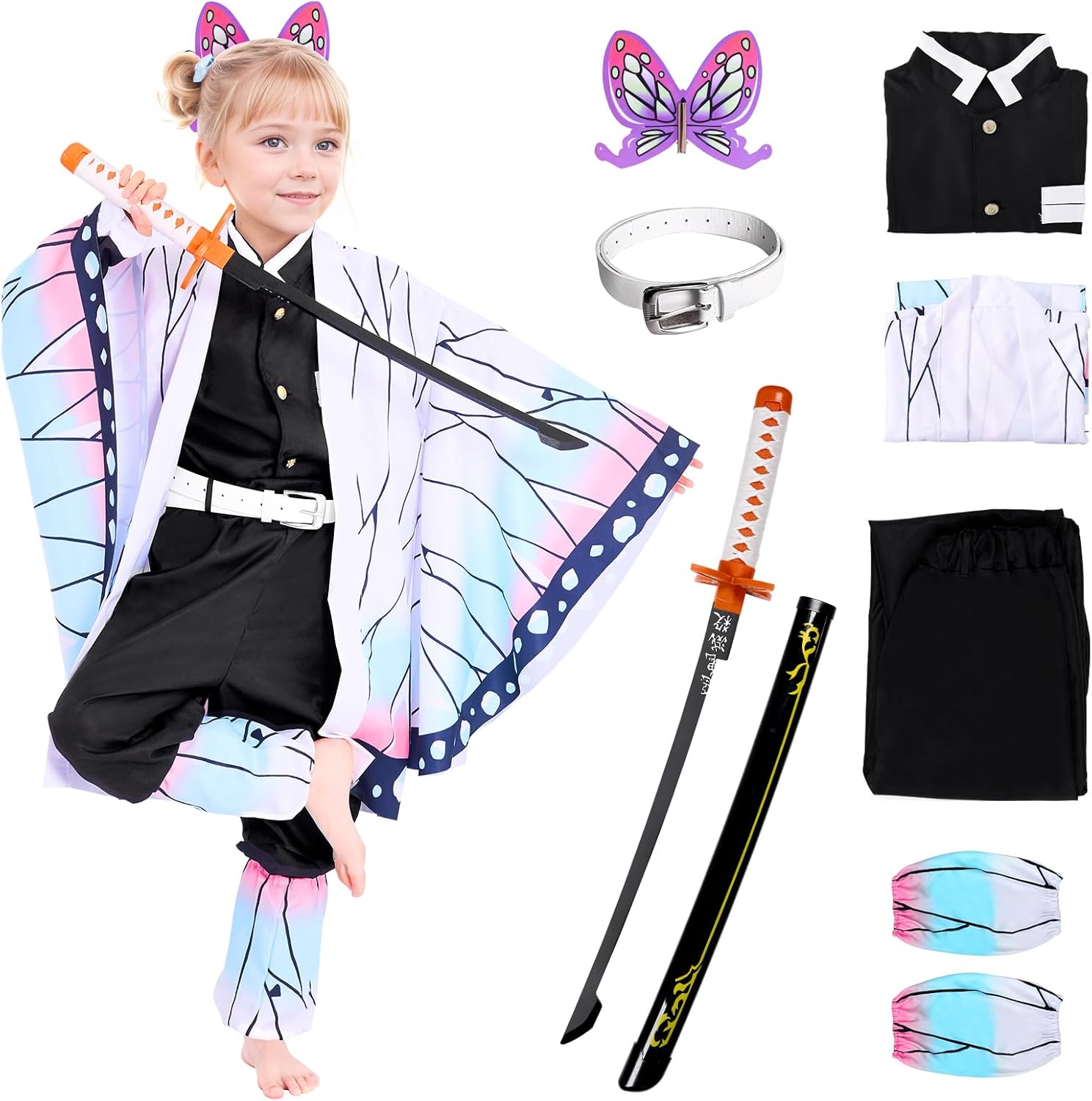 Kids Full Set Anime Halloween Shinobu Cosplay Costume for Kids, Kimono Uniform Outfit with Sword (140(XL))