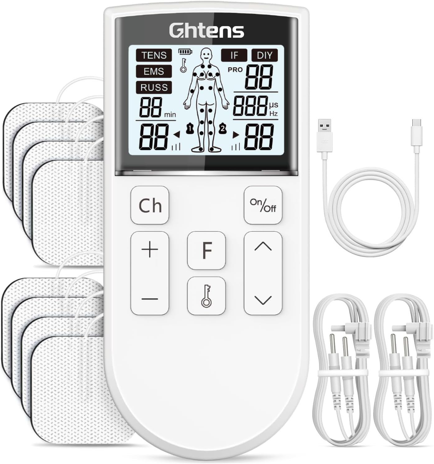 GHTENS 5 en 1 Electroestimulador Muscular‌ Profesional, Recargable 80 Modos de Estimulación, Con Función TENS/EMS/RUSS/IF/DIY y Masaje, 2 Canales, 16 Intensidad, Para el Alivio del Dolor (Blanco)