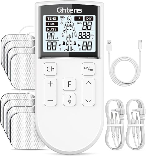 GHTENS 5 en 1 Electroestimulador Muscular Profesional, Recargable 80 Modos de Estimulación, Con Función TENS/EMS/RUSS/IF/DIY y Masaje, 2 Canales, 16 Intensidad, Para el Alivio del Dolor (Blanco)