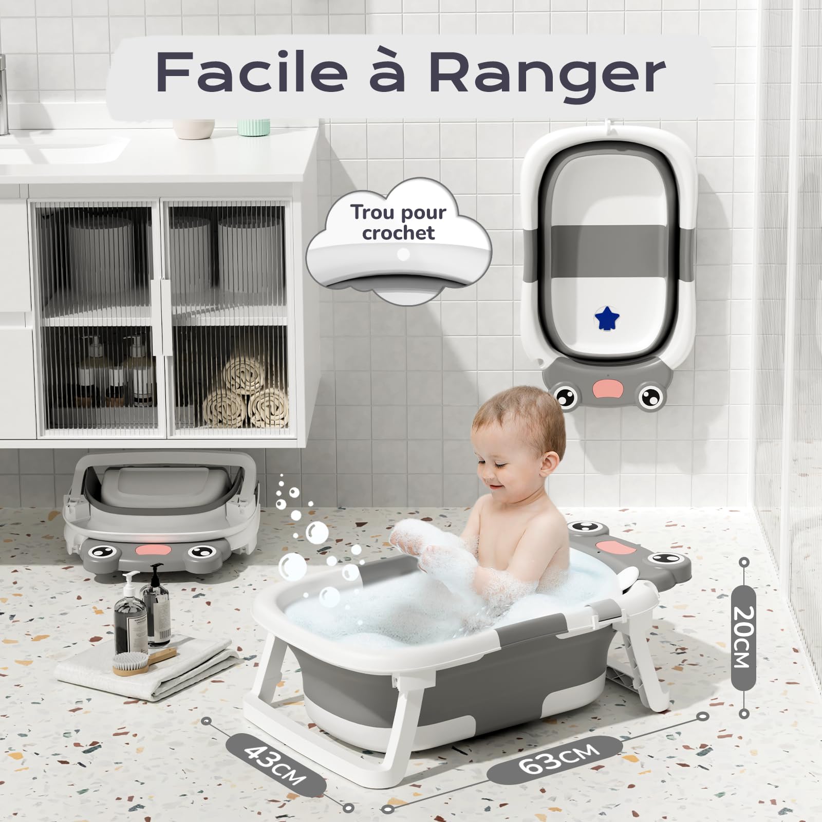 COOSEYA Baignoire Pliable pour Bébé, Grise, Inclut Coussin de Bain, Bouchon d'Évacuation