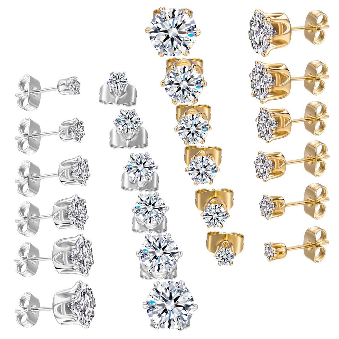 Set 7 Paia Orecchini A Perno In Acciaio Chirurgico 316L - Ipoallergenici Con Zirconi, Da 2 A 8 Mm, Per Lobo E Cartilagine