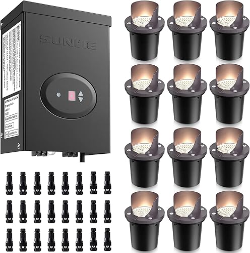 SUNVIE Paquete de 12 luces de paisaje con transformador y conector, transformador de bajo voltaje de 200 W con temporizador y sensor de fotocélula
