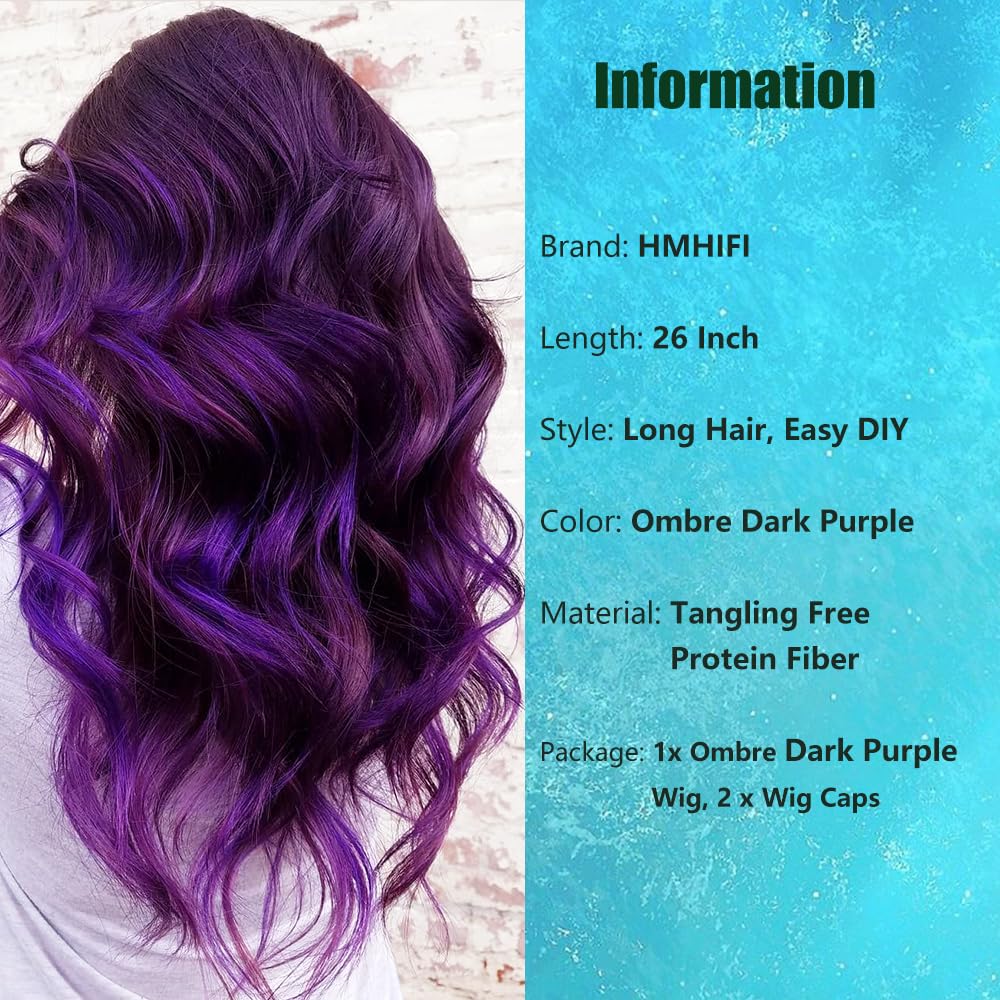 Long Ombre Purple Wig for Women 26Inch Mixed Dark Purple Wavy Curly Hair  Wigs Synthetic Hair Replacement Wig Heat Resistant Hair Wig for Daily Party