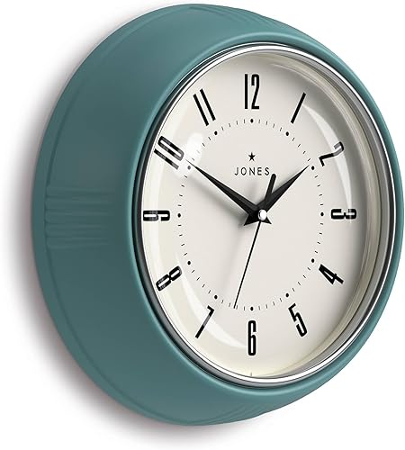 Miniatura 2 de JONES CLOCKS Reloj de pared Ketchup  Reloj de comedor retro redondo  10 pulgadas  Verde azulado  Ideal para la cocina, sala de estar, oficina o
