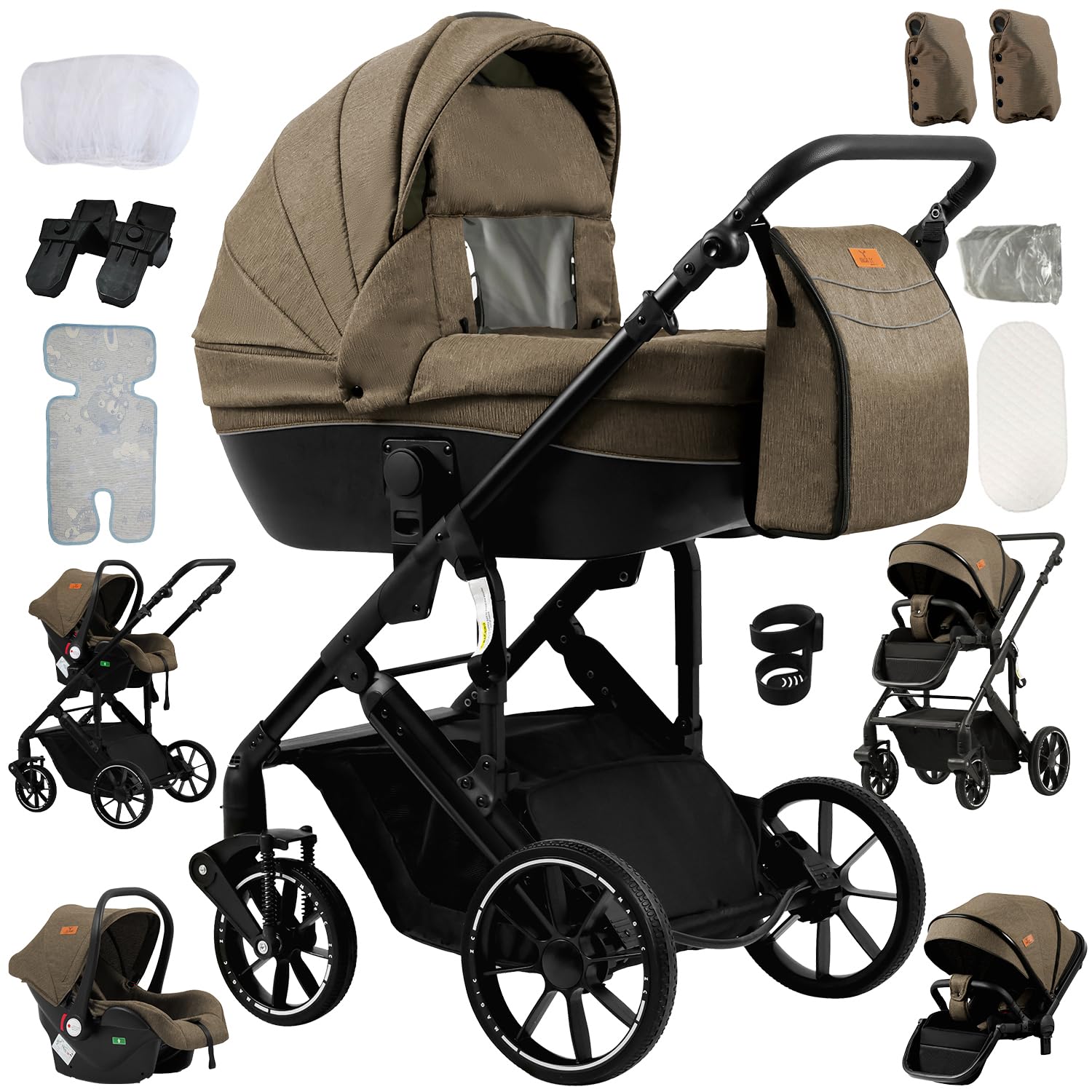Veitoalioy Passeggino 4 in 1 Trio Neonati, Per Neonato 4 in 1 Passeggini, Carrozzino multifunzione Un clic frenata e paesaggio alto può essere spinto avanti e indietro, Pieghevole (688 Khaki)
