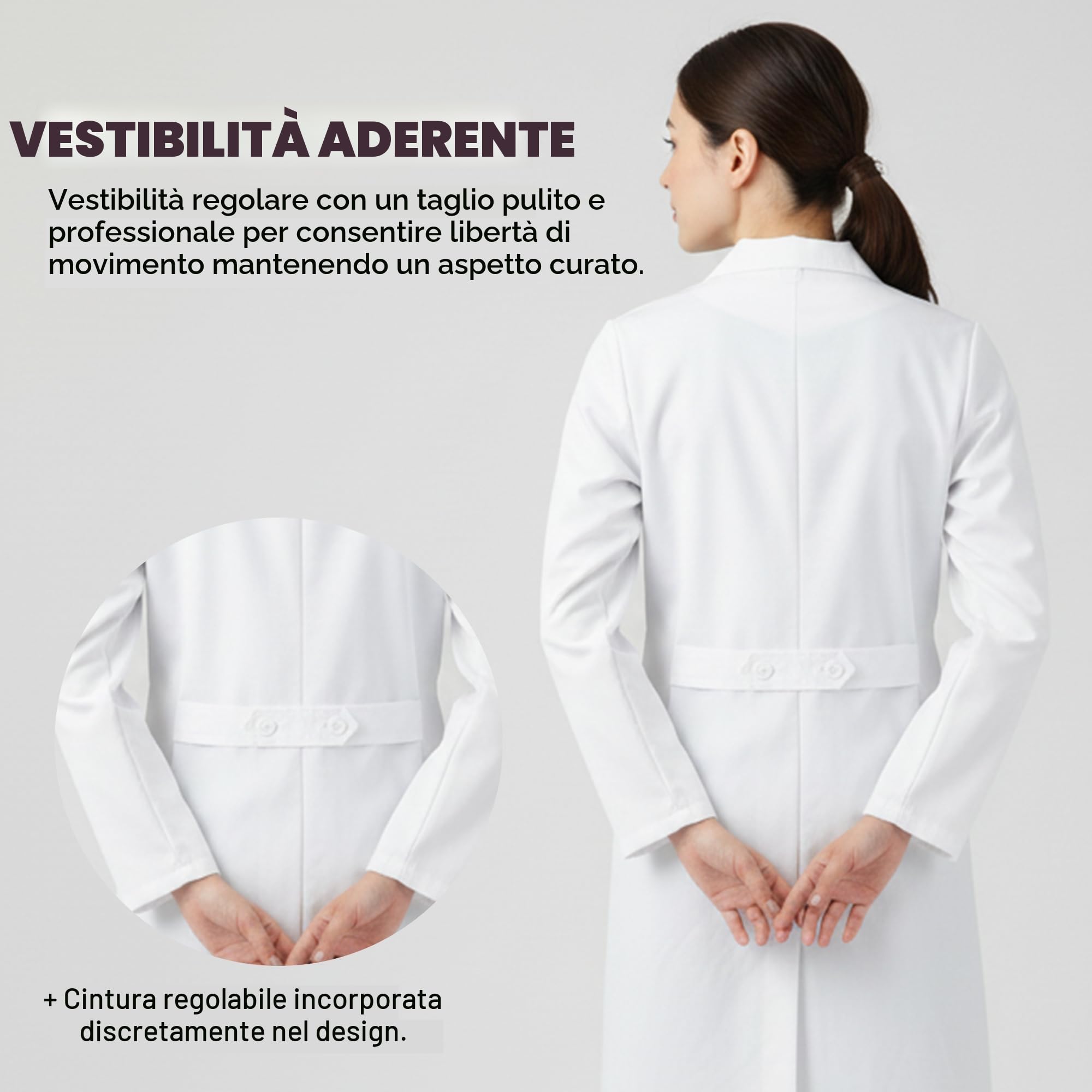 Bwell Bianca Camice da Laboratorio Donna - Camice Bianco - Camice Medico Donna Cappotto Bianco per Laboratorio, Medicina e Studio, 3 Tasche con Bottoni