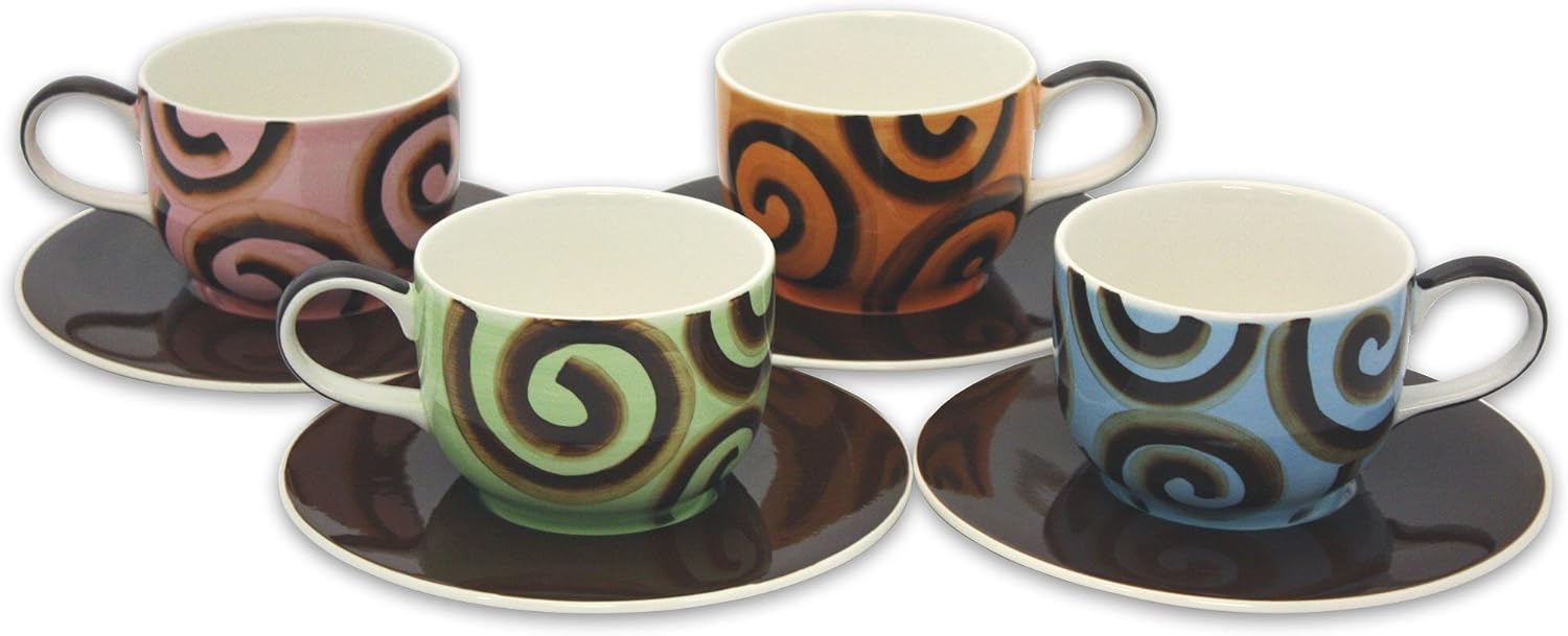 Hues & Brews 8 Piece Chocolate Ribbon Latte Cup and Saucer Set, 14 oz, 4.1 x 5.8 x 3