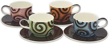Hues & Brews 8 Piece Chocolate Ribbon Latte Cup and Saucer Set, 14 oz, 4.1 x 5.8 x 3