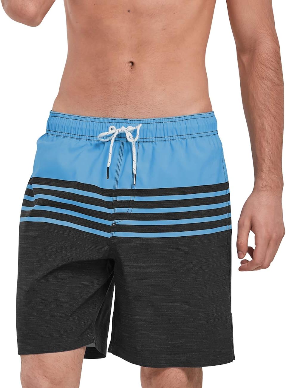 QRANSS Quick Drying Swim Trunks Men 7'' Beach Swimming Shorts Bathing Suit Striped Swimwear Board Shorts with Pockets