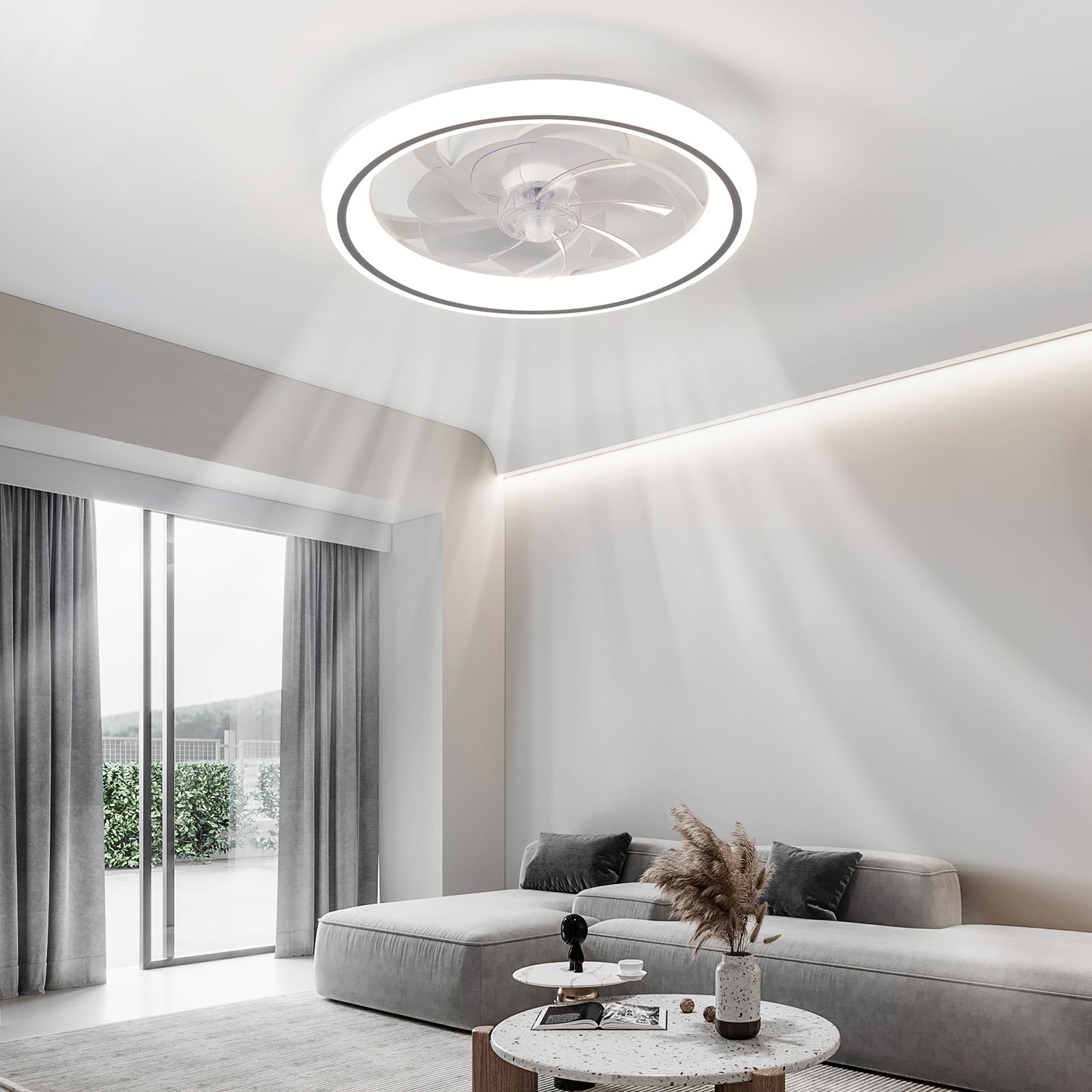 HARPER LIVING Wentylator sufitowy, 48 cm, światło i pilot zdalnego sterowania, 50 W 4000 lm, 3-kolorowa ściemniana dioda LED, 6 prędkości i timerem – wentylator o nowoczesnym i bardzo cichym świetle