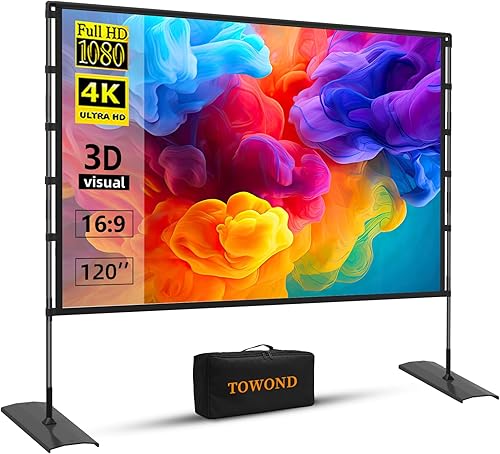 TOWOND Pantalla de Proyector y Soporte, Pantalla de Proyector para Exteriores de 120 Pulgadas para Interiores, Pantalla de Película Portátil 16:9 4K