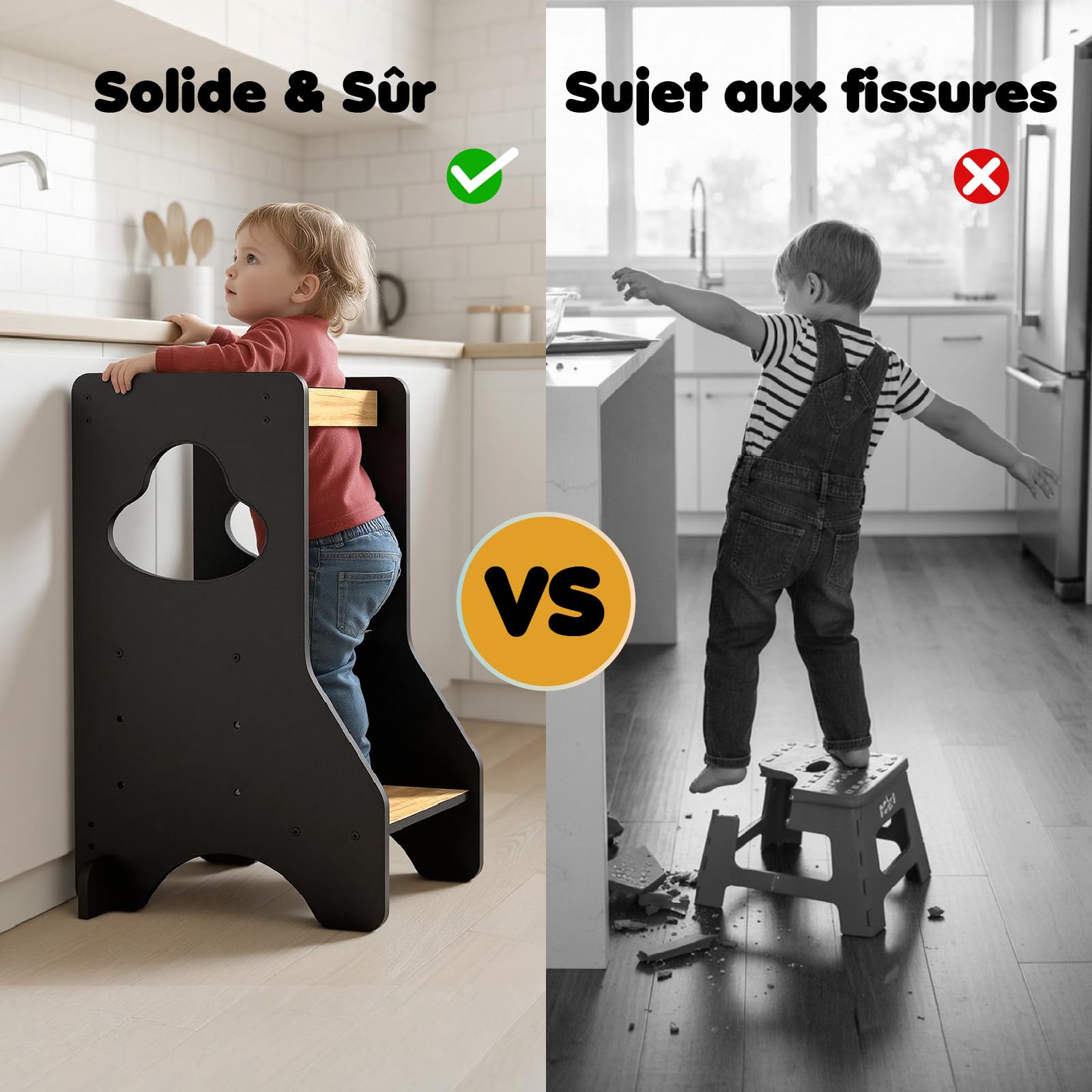 COSYLAND Tour d Observation Montessori Réglable en Hauteur pour Enfants de 18 Mois à 6 Ans, Chaise d Apprentissage Sécurisée en Bois, Design Moderne et Stable, Idéale pour Bébé - Noir/Naturel