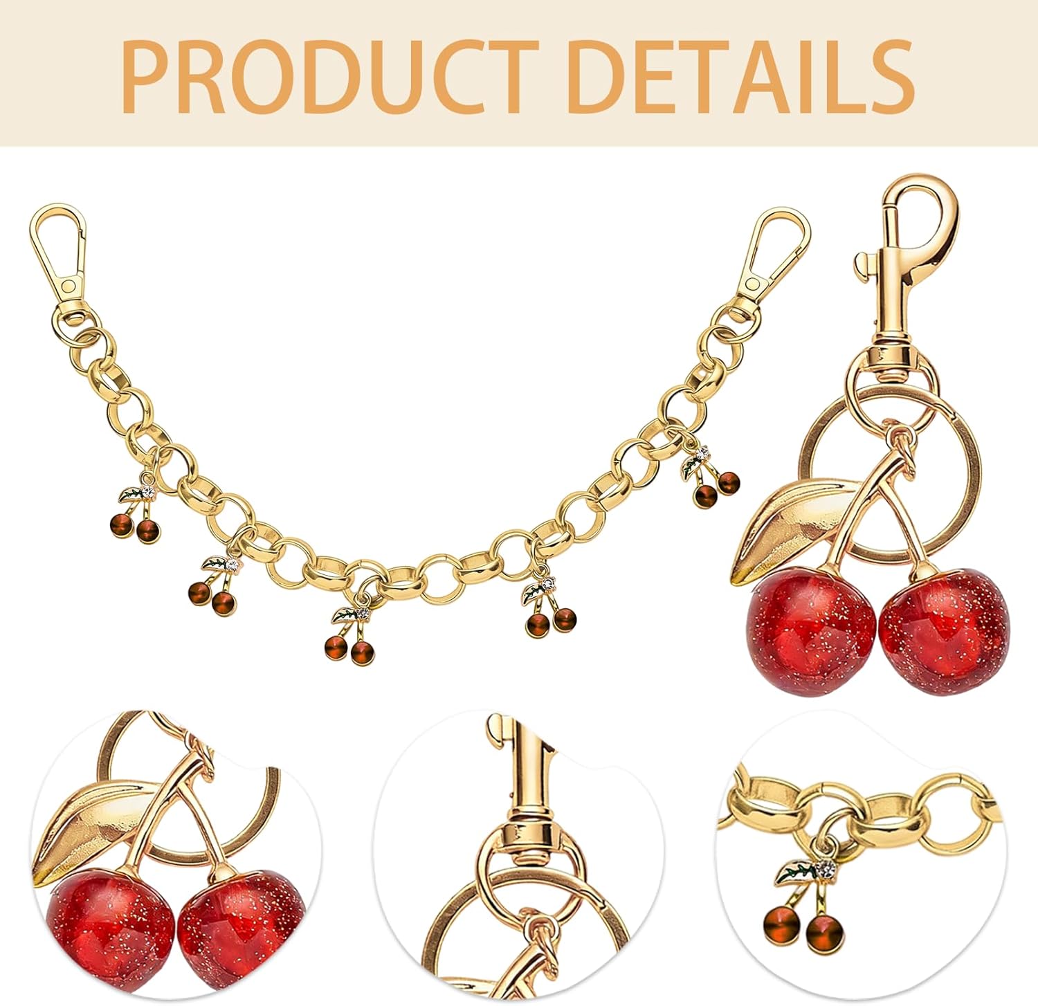 Decorative Cherry Bag Chain, Enamel Pendant Purse Strap Extender, Gold Replacement Extension Purse Chain with Cute Cherry Keychains, for Women Handbags Shoulder Crossbody Bags - Image 3