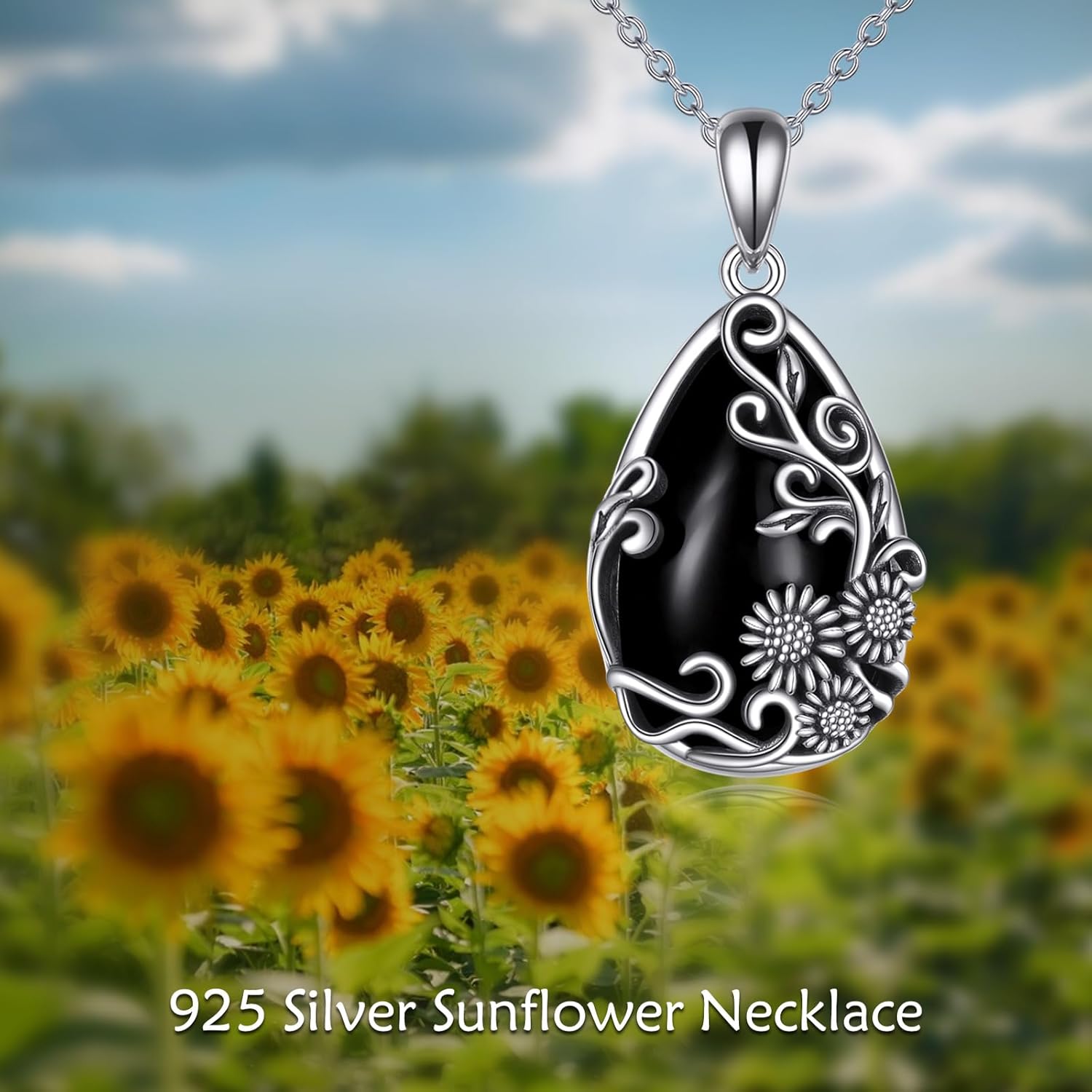 YFN Black Obsidian/Moonstone/Turquoise/Moss Agate Sunflower Filigree Teardrop Pendant Necklace Jewelry for Women - 925 Sterling Silver - Image 4
