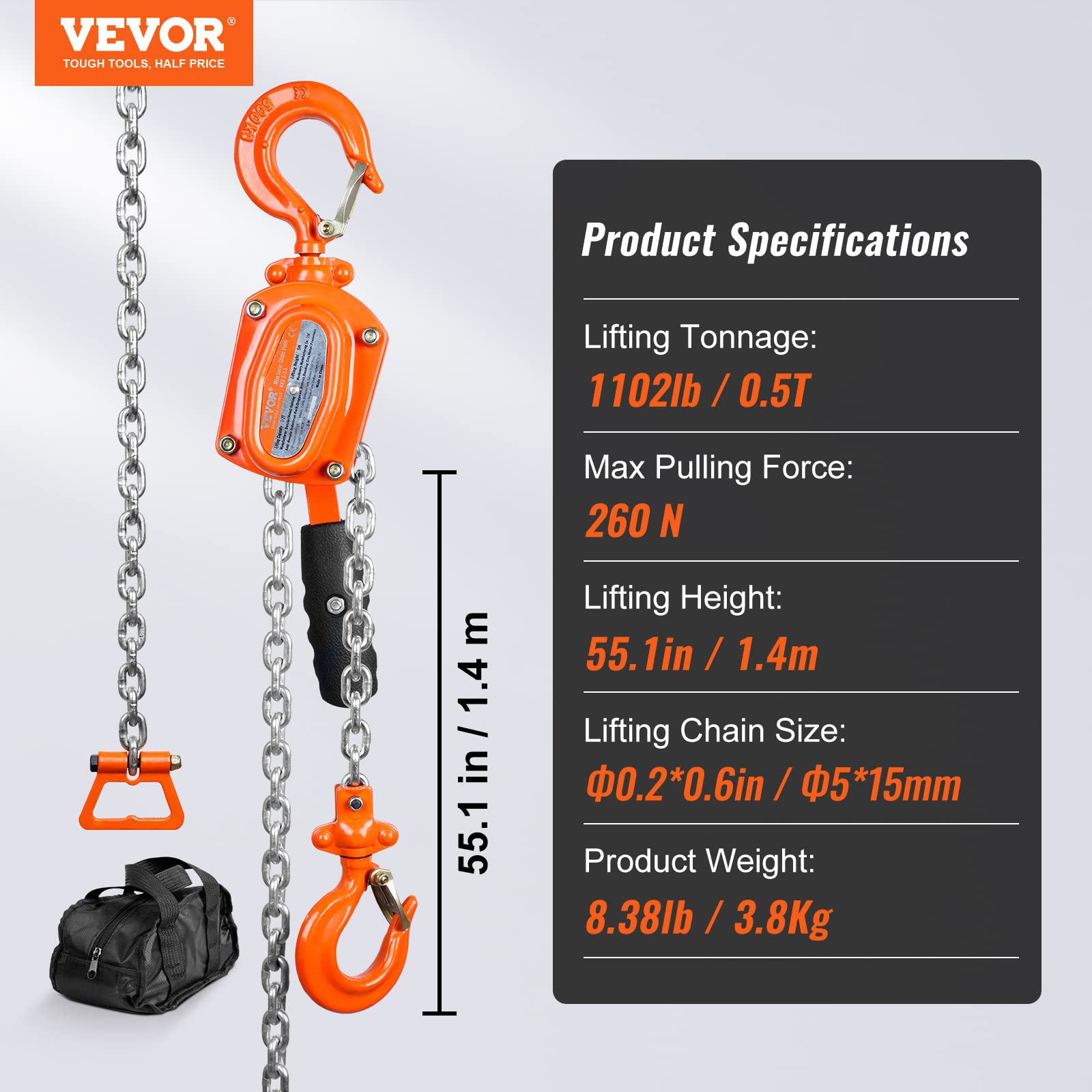 VEVOR Mini Palan à Levier Manuel 0,5 T Palan à Chaîne à Cliquet Manutention Levage 1,4 m Acier Carbone G80 Frein Weston Double Cliquet Guidage Chaîne Crochet 360° pour Marchandises Garage Quai Usine