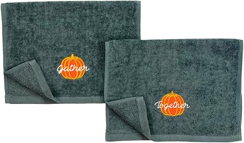 Miniatura 8 de Serafina Home Toallas decorativas para decoración de otoño bordado reúne calabaza en felpa gris, juego de 2 piezas, 11 "x 18" pulgadas cada una