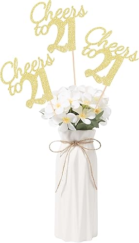 Miniatura 40 de Gexolenu Cheers to 21, paquete de 10 piezas de centros de mesa de cumpleaños número 21 con purpurina negra de doble cara para mesas, palitos