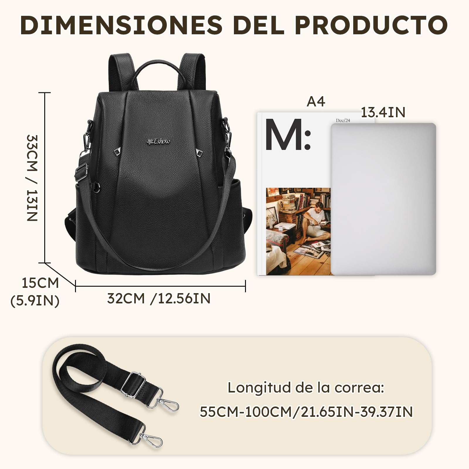 Eshow Mochila Mujer Antirrobo de Cuero Genuino para Trabajo Viaje Oficina