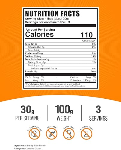 Miniatura 7 de BulkSupplements. com Polvo de proteína de arroz de cebada, proteína vegana en polvo, sin sabor y sin lácteos, 1.06 oz por porción, 250 g (8.8 oz)