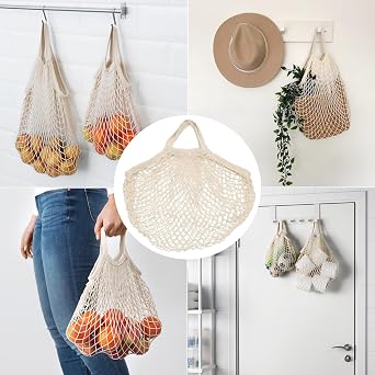 2 Pack Cotton Mesh Bags Reusable Washable Net Grocery Bags, Beige